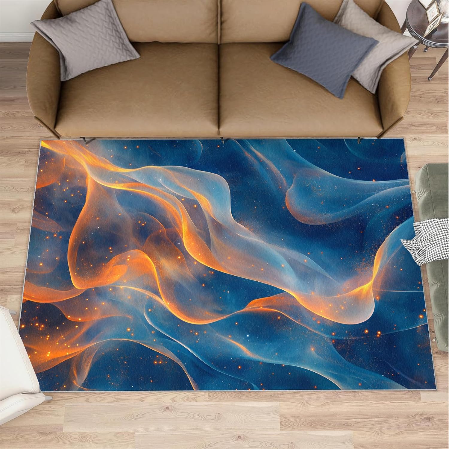 Washable Rugs Blue Rug & Home Decor, Golden Area Rug 6x9, Non Slip & Low Pile Carpet, Abstract Rugs for Bedroom Living Room