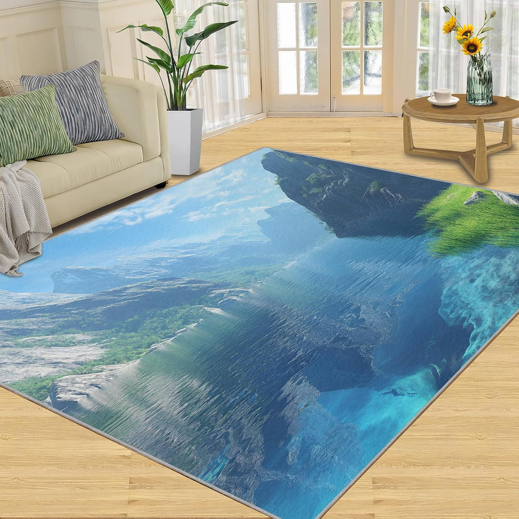 Nature Landscape Rug 6x8-6x8 Rug, Mountains Area Rugs for Living Room Bedroom, Lake Area Carpet, Natural Scenery Washable Carpet, Landscape Home Decor & Gifts