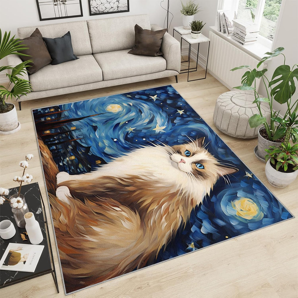 6x8 Area Rug - Starry Sky Ragdoll Cat Large Rugs for Living Room, Post-Impressionist Art Painting Carpet Area Rug for Girls Bedroom Kids Room Basement Office Classroom