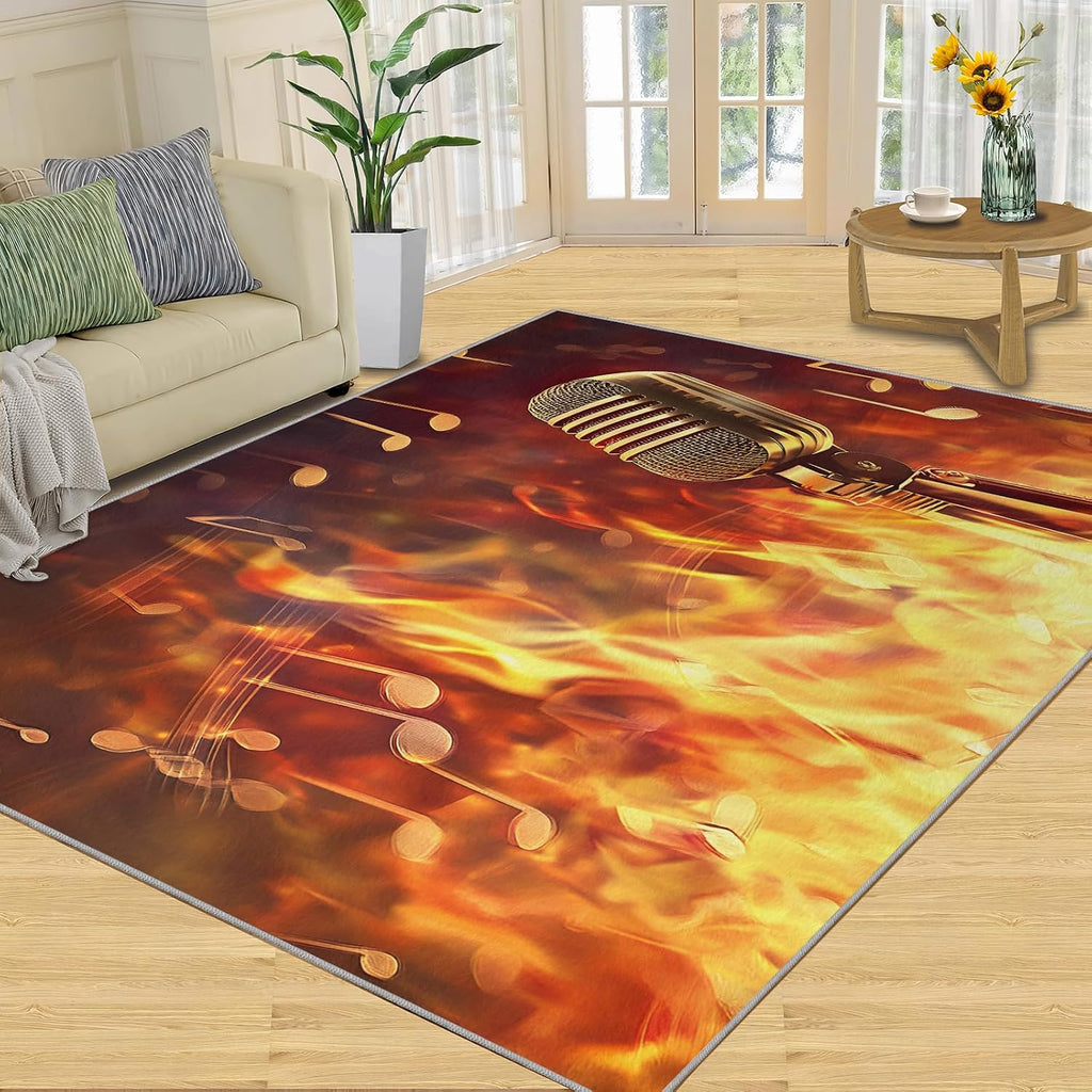 Microphone Rug - 6x8 Rugs for Bedroom, Music Area Rug, Flame Microphone Washable Rugs for Living Room, Non Slip Soft Rock and Roll Indoor Carpet - Home Decor, Music Lover Gifts for Boys