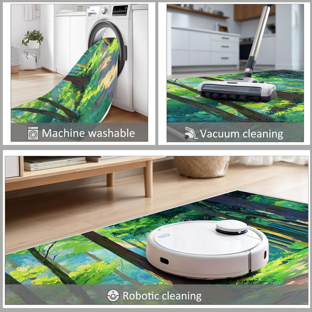 Cartoon Print Area Rug 5 x 7 ft for Living Room, Oil Painting Forest Green Trees Soft Washable Carpet for Bedroom Non-Slip Rug - Stain Resistant Carpets for Kids Playroom Classroom Dining Room