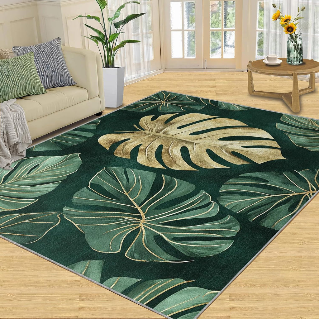 Monstera Rug 6x8-6x8 Rug, Emerald Green Gold Monstera Area Rugs for Bedroom, Tropical Rugs for Living Room, Luxury Washable Mat, Botanical Carpet, Leaves Home Decor & Gifts