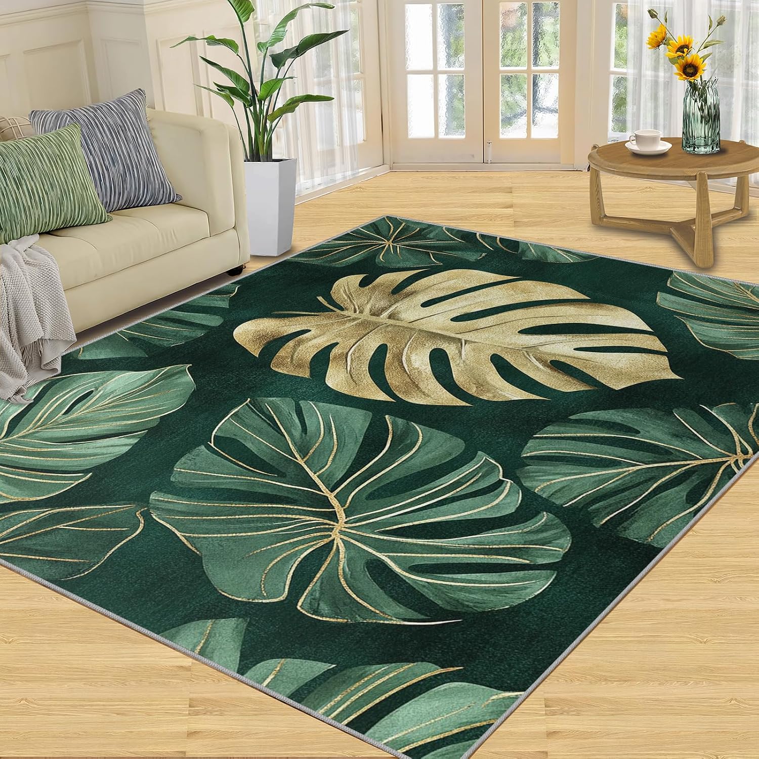 Monstera Rug 6x8-6x8 Rug, Emerald Green Gold Monstera Area Rugs for Bedroom, Tropical Rugs for Living Room, Luxury Washable Mat, Botanical Carpet, Leaves Home Decor & Gifts
