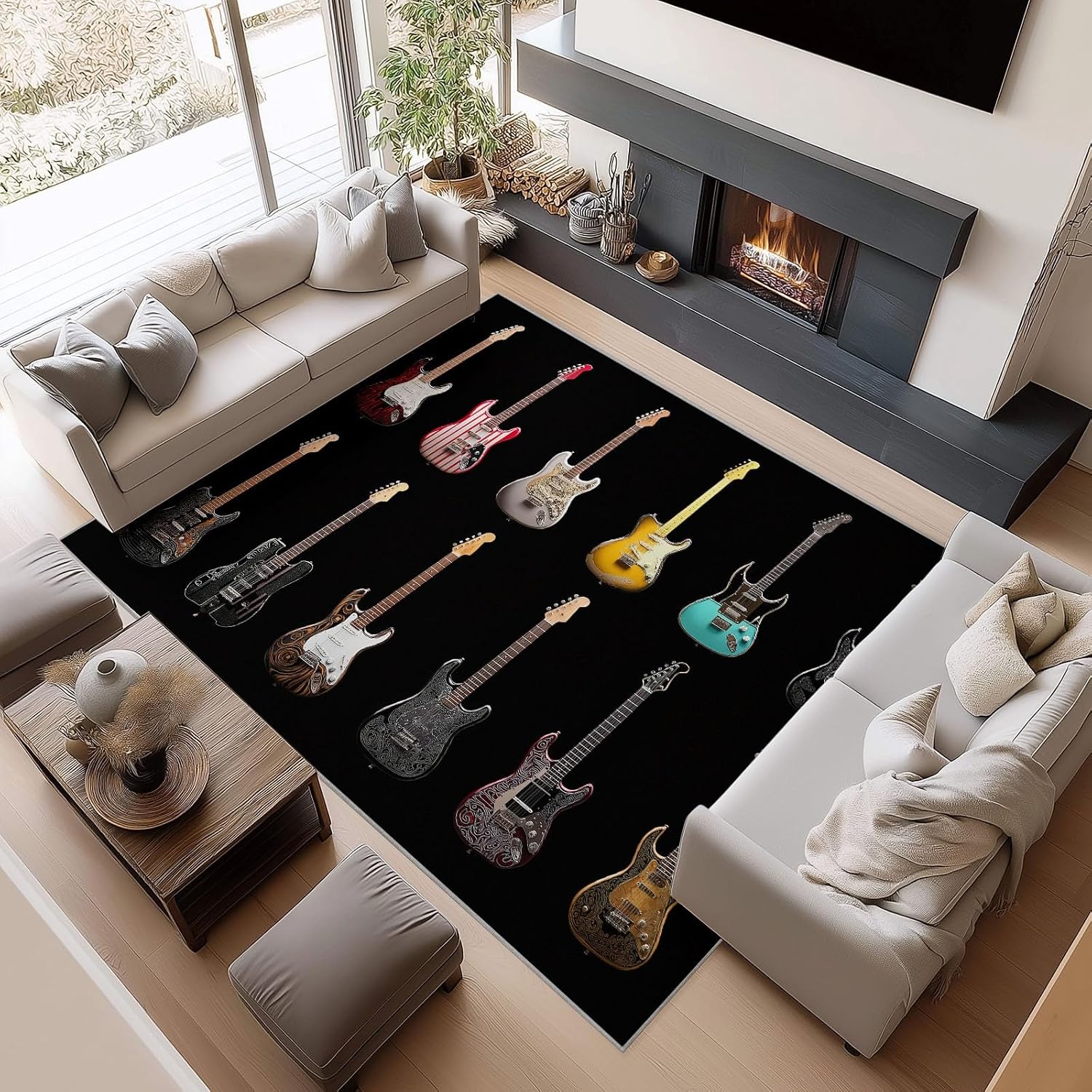 5' x 8' Rugs Living Room Modern Area Rug Bedroom, Non Slip Durable Large Floor Carpet Music Guitar Stripes Indoor Carpet Washable for Dining Room Kitchen Kids Playroom Dorm