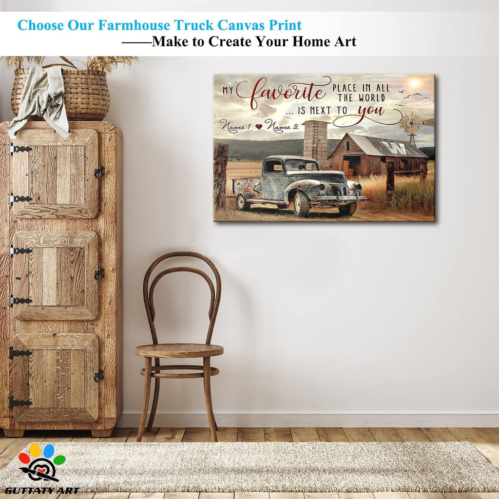 Farmhouse Truck Wall Art, Old Truck Wall Art, Rustic Farmhouse Canvas Wall Art, Vintage Truck Canvas Wall Art, Personalized Valentines Day Gifts, Customized Anniversary Couples Gifts 32x48 Inches