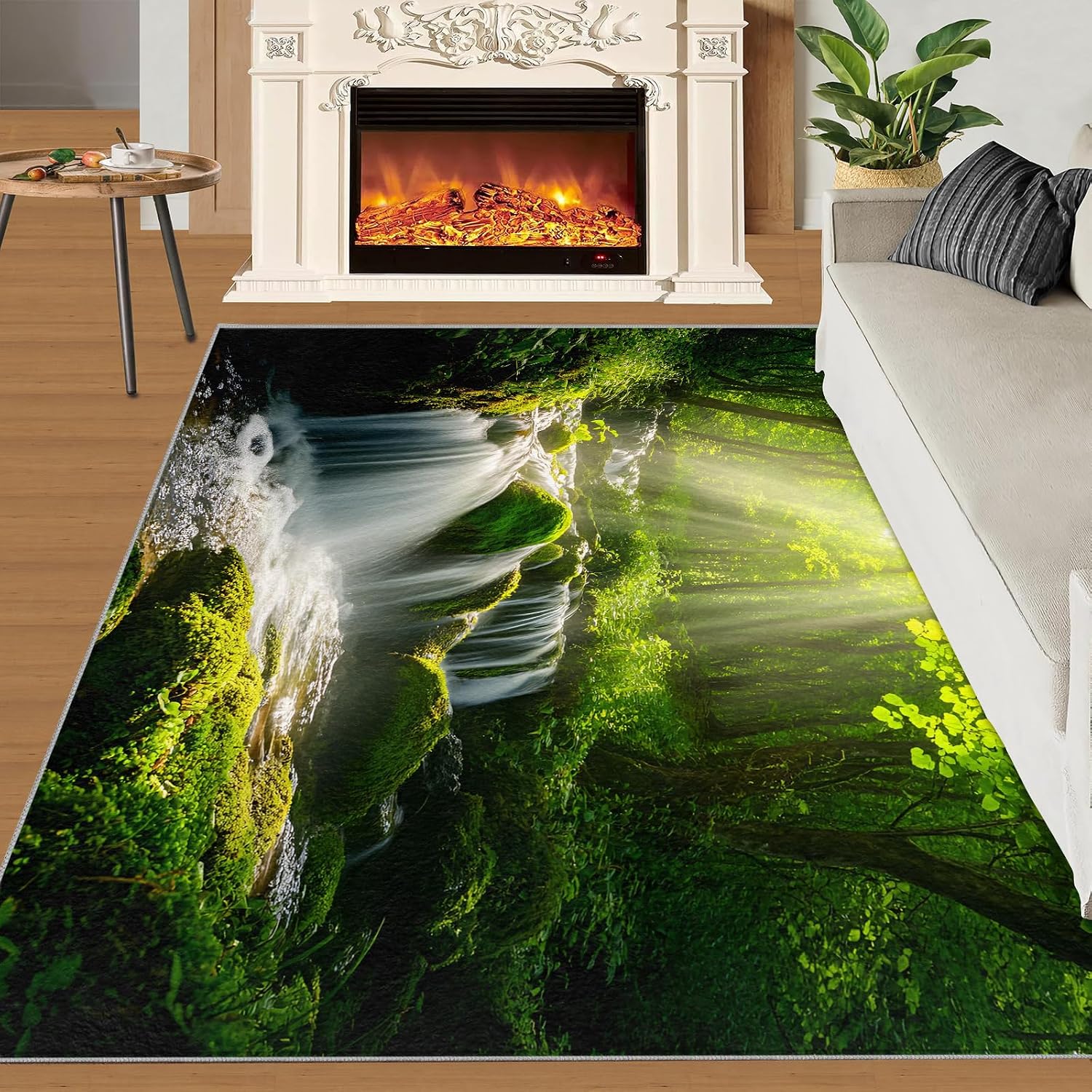 Forest Rug 6x8-6x8 Rug, Waterfall Area Rugs for Bedroom, Green Jungle Rugs for Living Room, Natural Scenery Washable Carpet, Forest Home Decor & Gifts