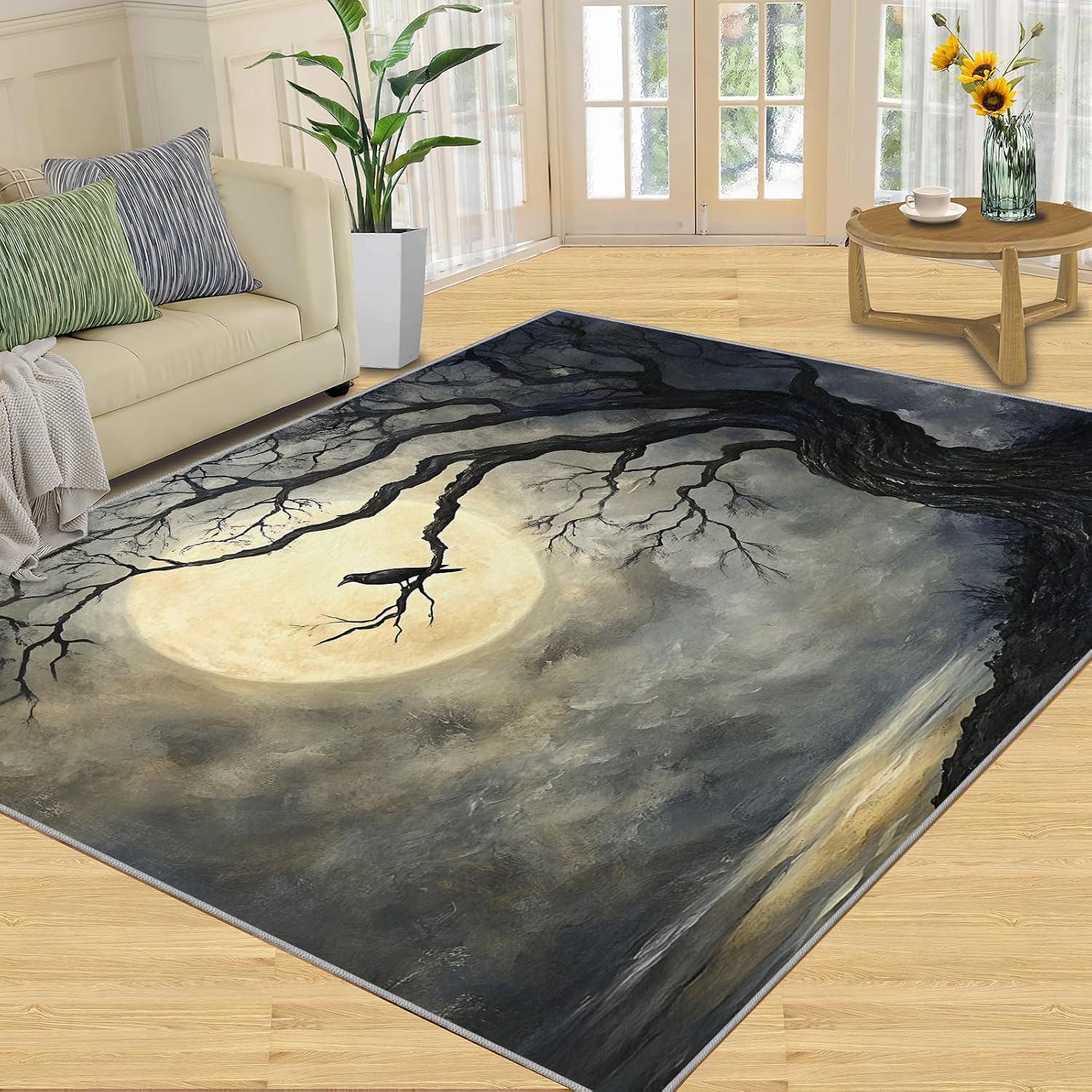 Crow Rug 6x8, Moon Rugs for Bedroom, Gothic Art Area Rug, Non Slip Washable Rugs for Living Room Farmhouse, Indoor Low Pile Decor Carpet
