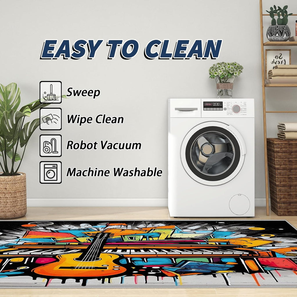 Music Rug 8x10 - Guitar Area Rugs for Living Room Bedroom - Music Room Carpet - Washable Non Slip Stain Resistant - Graffiti Home Decor & Gifts