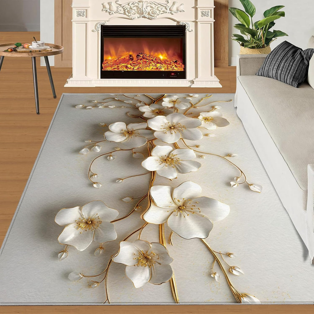 3D Flowers Rug - Large Rug 6x8 - Embossed Flowers Rugs for Living Room - Soft & Non Slip & Washable Rugs for Bedroom, Golden Branches Carpets for Dining Room Lounge Girls Room