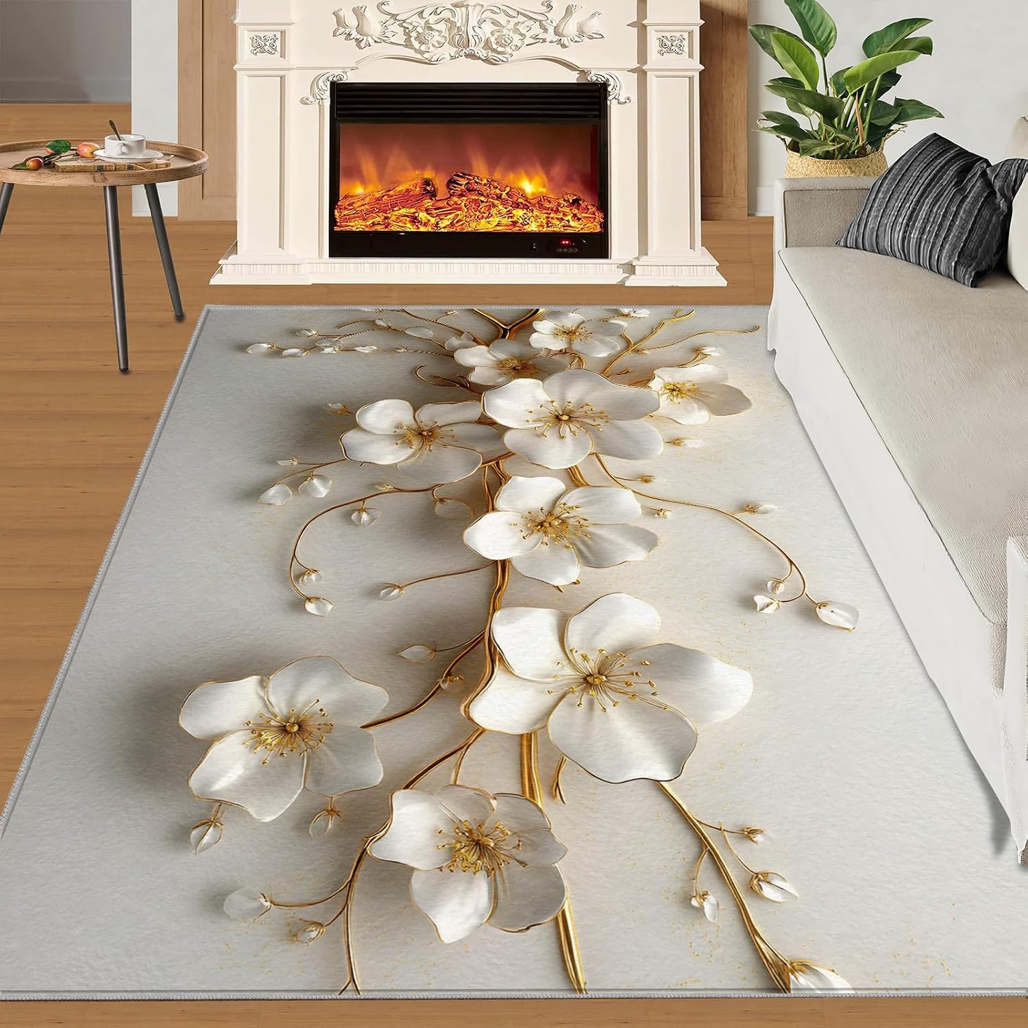 3D Flowers Rug - Large Rug 6x8 - Embossed Flowers Rugs for Living Room - Soft & Non Slip & Washable Rugs for Bedroom, Golden Branches Carpets for Dining Room Lounge Girls Room