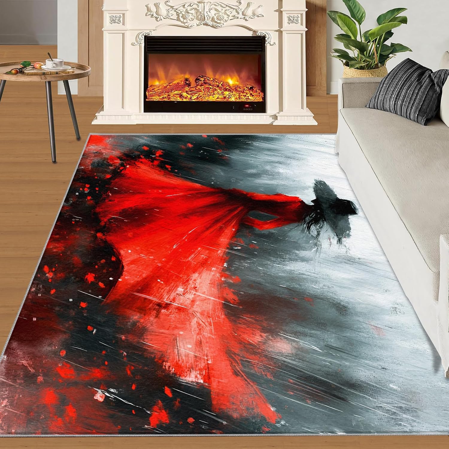 Paris Area Rug Large - 6x8 Rug, Red Dress Girl Rugs for Living Room, Paris Themed Carpet, Romantic Abstract Washable Area Rugs for Bedroom, Aesthetic Carpet, Romantic Home Decor