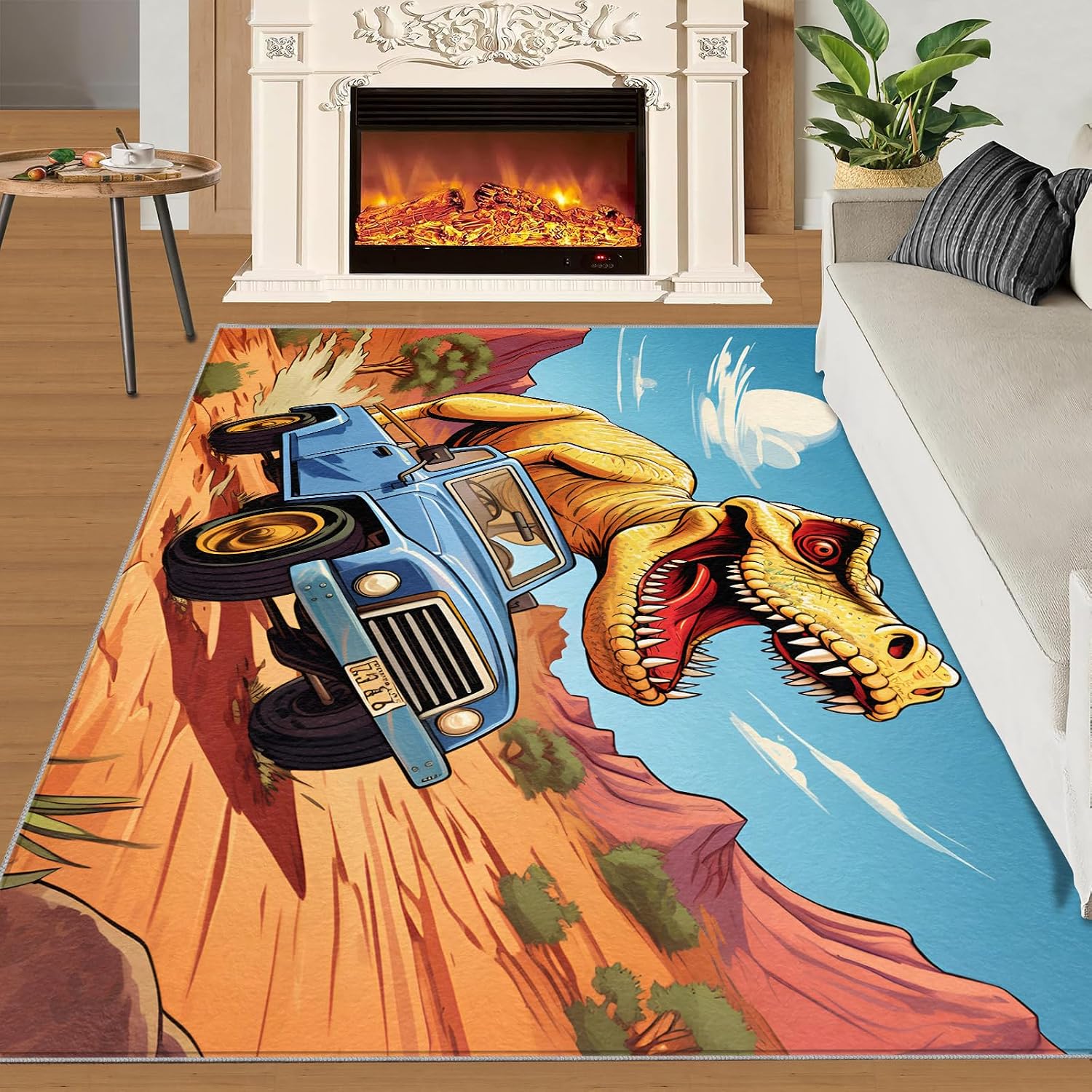 Dinosaur Rug for Kids Room - 6x8 Large Rug, Cartoon Monster Truck Rugs for Bedroom Cartoon Scene Truck Dinosaur Area Rugs for Living Room Home Decor Washable Rug