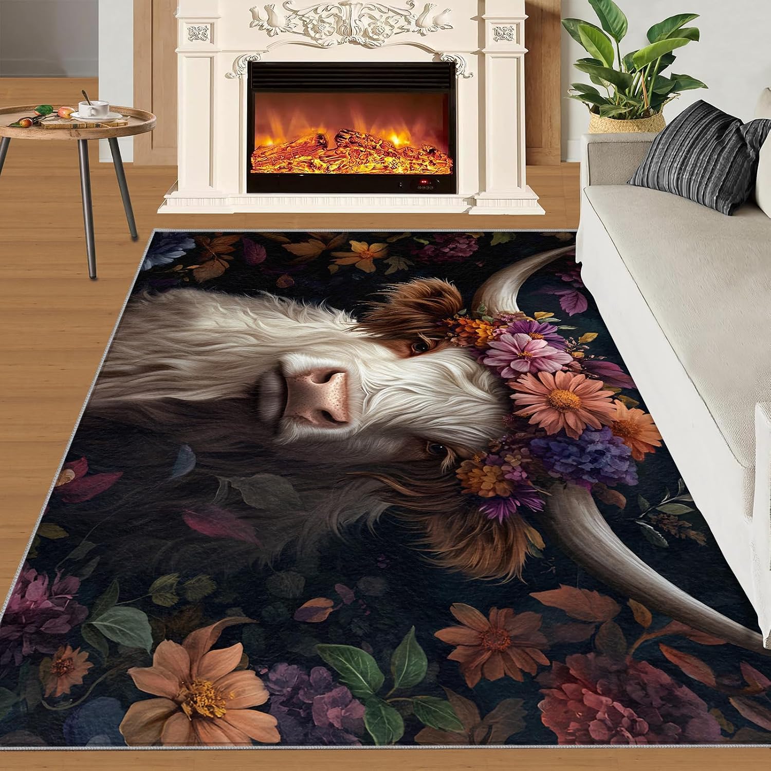 Cow Rug 6x8, Flowery Cow Rugs for Bedroom, Farm Animals Rugs for Living Room, Non Slip Area Rug, Housewarming Gifts & Indoor Floor Mats