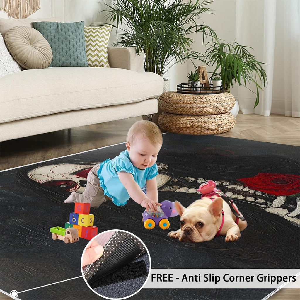 Darkness Area Rug - Large Rug 6x8 - Skull Makeup Rugs for Living Room - Soft & Non Slip & Washable Rugs for Bedroom, Long Black Hair Woman Carpets for Dining Room Lounge Girls Room