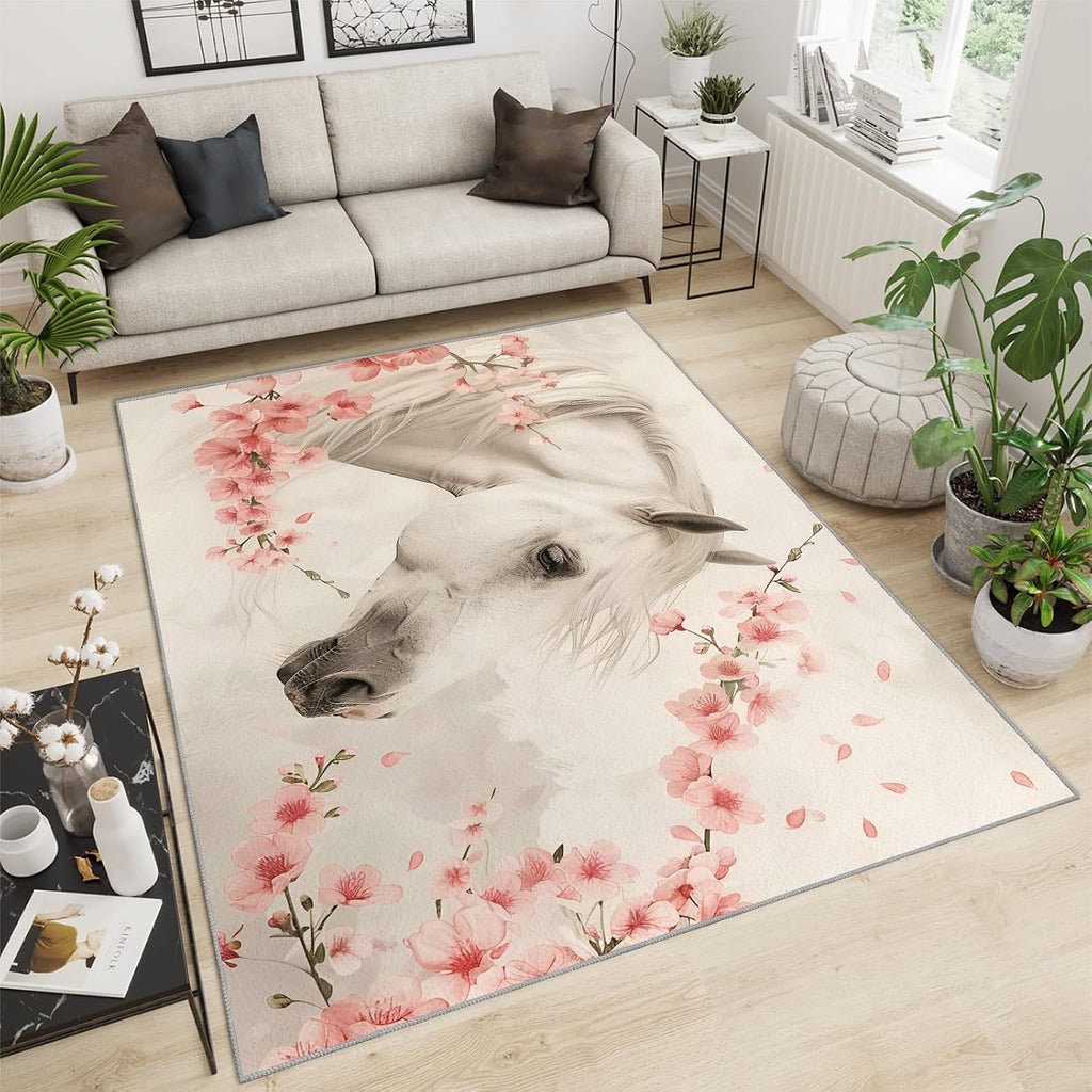 Cherry Blossom Rug for Kids Room - 6x8 Large Rug, Girls White Horse Rugs for Bedroom Western Animal Horse Area Rugs for Living Room Home Decor Washable Rug
