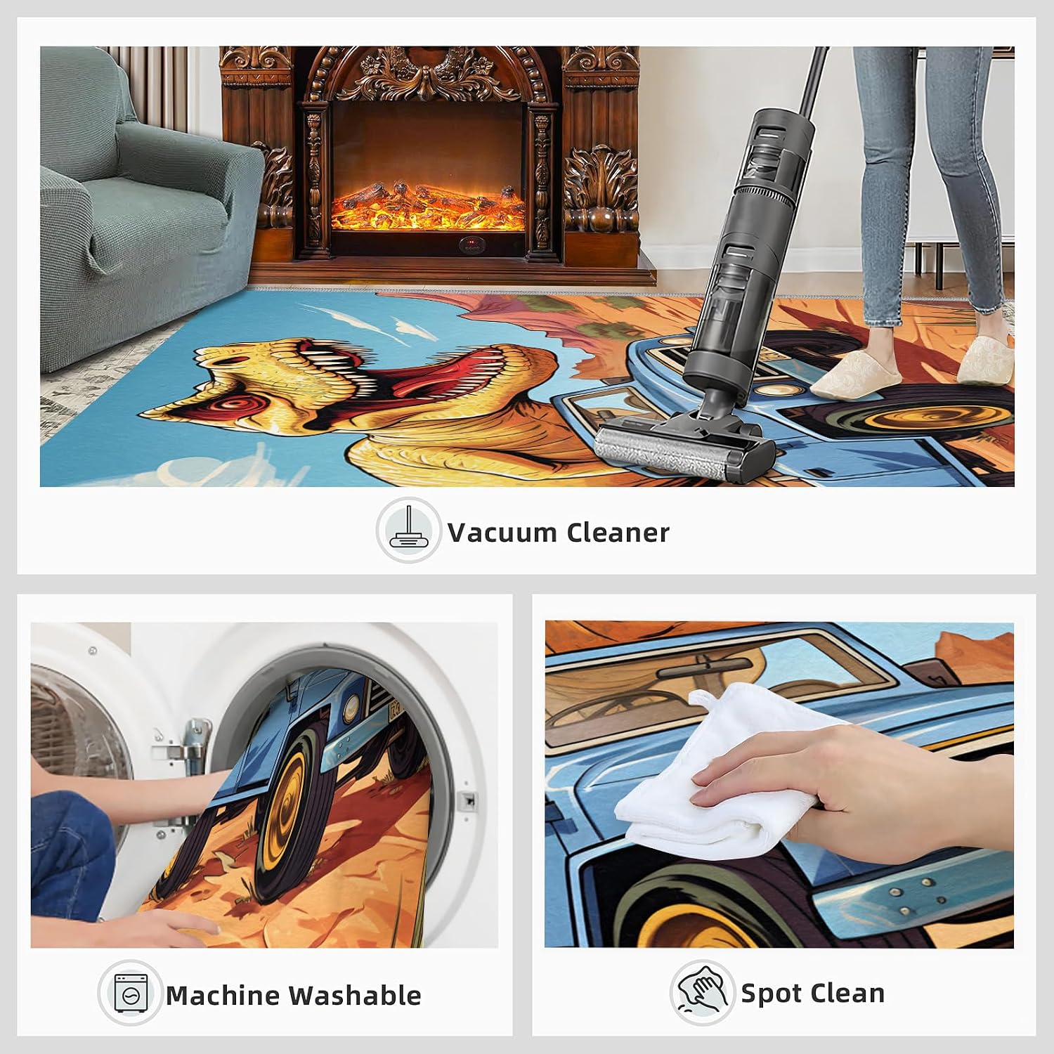 Dinosaur Rug for Kids Room - 6x8 Large Rug, Cartoon Monster Truck Rugs for Bedroom Cartoon Scene Truck Dinosaur Area Rugs for Living Room Home Decor Washable Rug