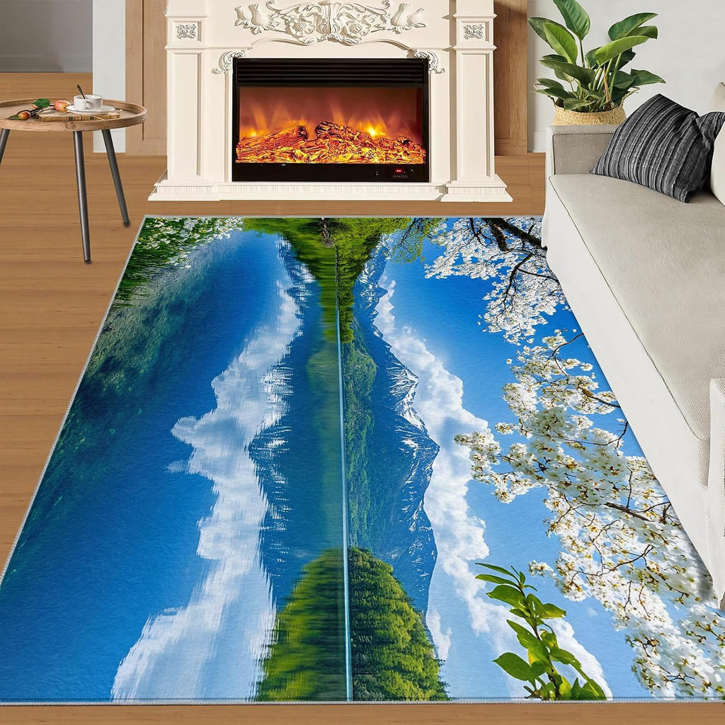 Natural Scenery Rug 6x8-6x8 Rug, Nature Landscape Area Rugs for Living Room Bedroom, Lake Mountains Area Rugs, Floral Washable Carpet, Aesthetic Carpet, Landscape Home Decor