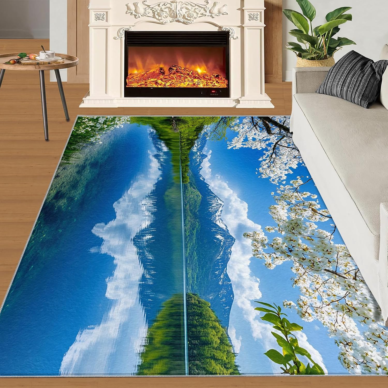 Natural Scenery Rug 6x8-6x8 Rug, Nature Landscape Area Rugs for Living Room Bedroom, Lake Mountains Area Rugs, Floral Washable Carpet, Aesthetic Carpet, Landscape Home Decor