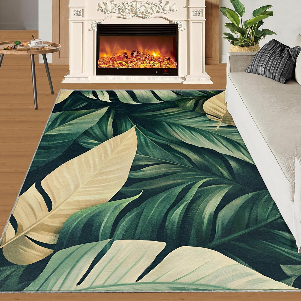 Leaves Area Rug - 6x9 Rug, Banana Leaf Rugs for Living Room, Tropical Botanicals Washable Rugs for Bedroom, Non Slip & Low Pile, Indoor Carpet & Home Decor