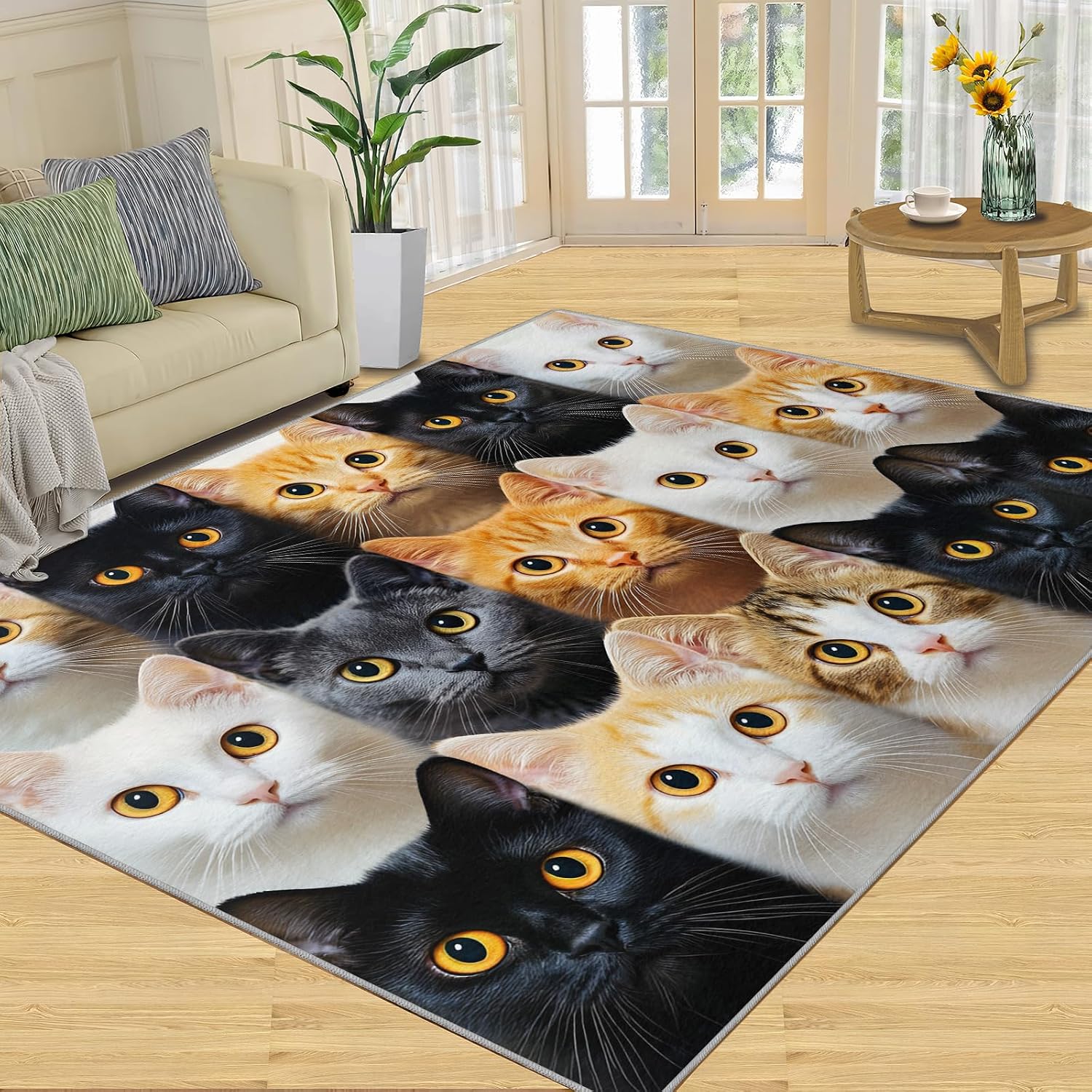 Cat Print Rug 6x9 Area Rug, Cute Cat Washable Rugs, Animal Print Rugs for Living Room Bedroom Decor, Low Pile & Non Slip Indoor Carpet