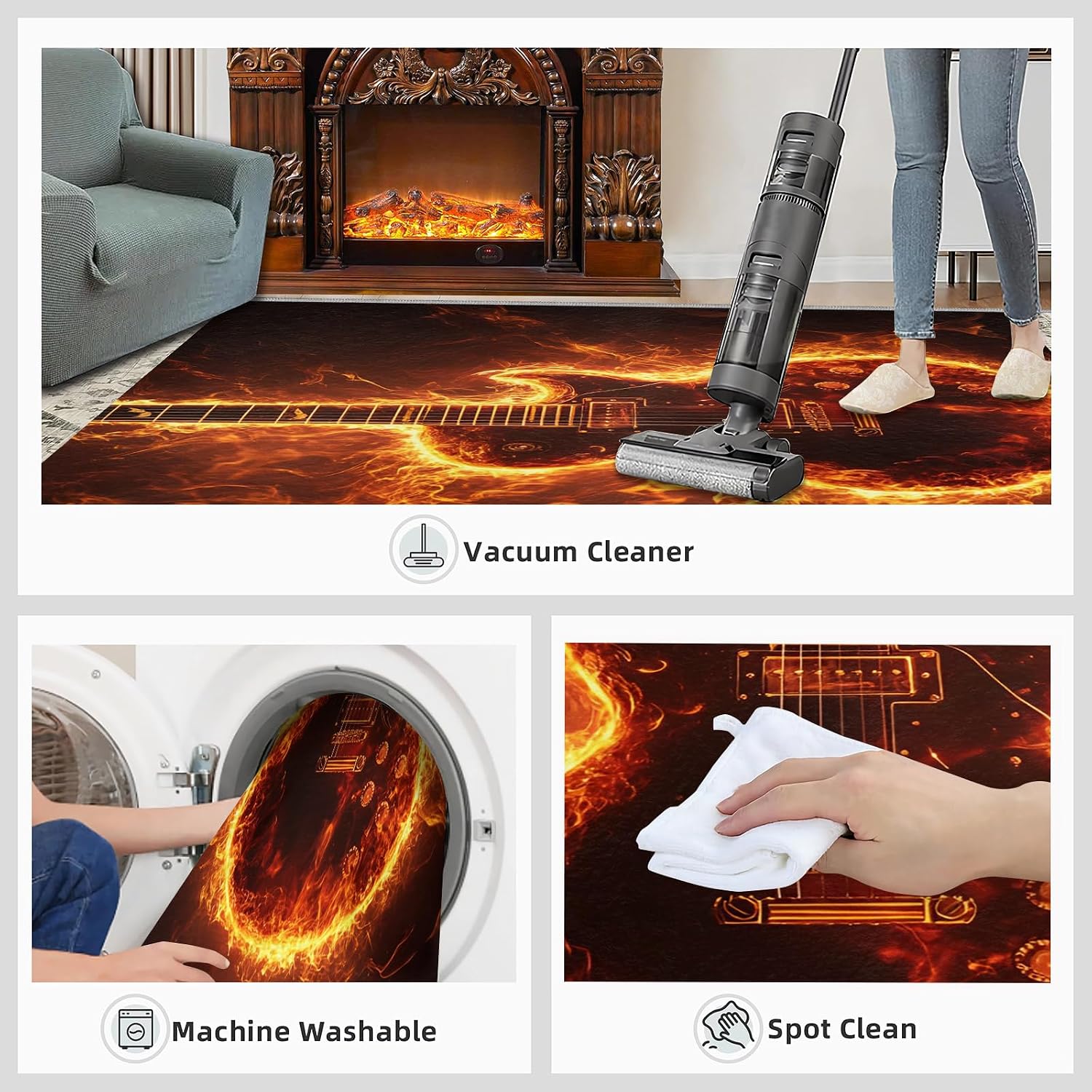 6x8 Flame Guitar Area Rug - Rock Instrument Large Rugs for Living Room, Fire Effects Carpet Area Rug for Girls Bedroom Kids Room Basement Office Classroom