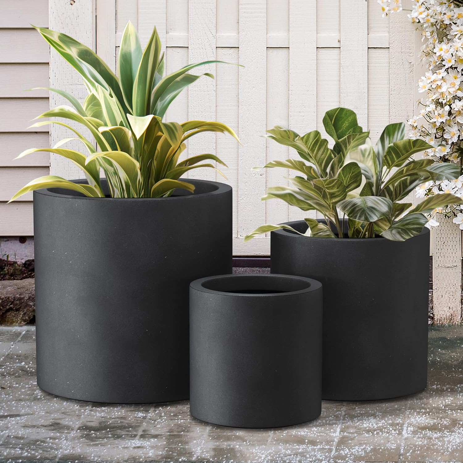 Kante Set of 3 Black Concrete Planters, Graduated Cylinders 9.8' to 15.7' Tall – Lightweight Round Pots with Drainage Hole & Rubber Plug, Modern Nesting Containers for Indoor Outdoor, Home Patio