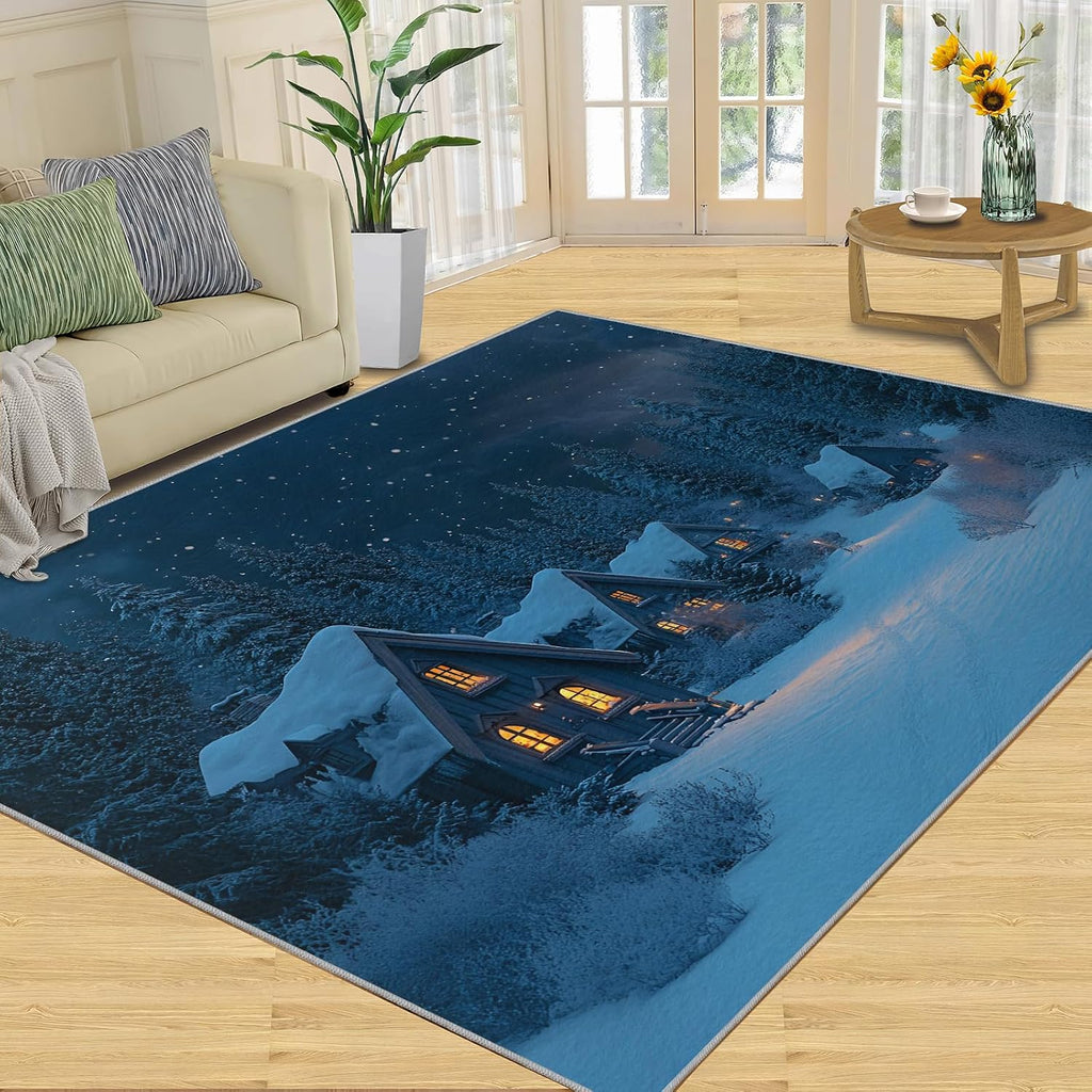 Rustic Cabin Rug Large - 6x8 Rug, Christmas Washable Rugs for Living Room, Winter Snow Scene Carpet, Festival Decor Non-Slip Area Rugs for Bedroom, Farmhouse Carpet, Christmas Home Decor