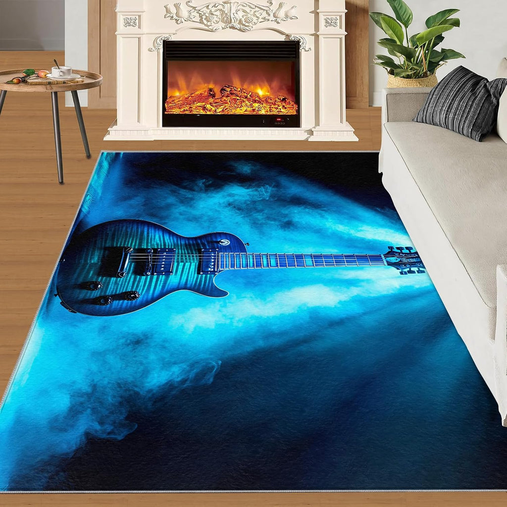 Guitar Rug Large - 8x10 Rug, Music Area Rugs for Living Room Bedroom, Music Style Area Rugs, Musical Instrument Washable Carpet, Kids Carpet, Guitar Home Decor & Gifts