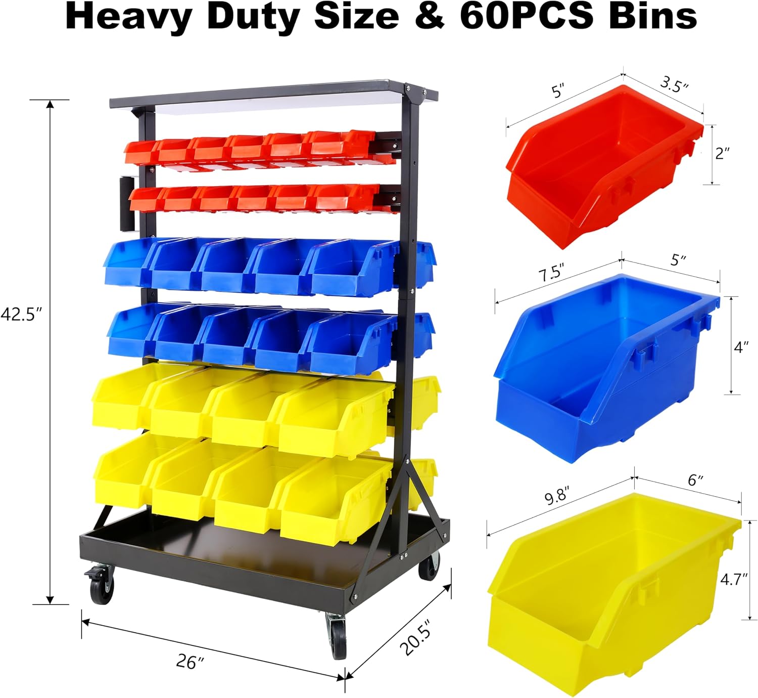 6-Tier Rolling Bin Stroage Rack with 60 Bins, Dual-Sided Parts Organizer with Wheels and Top Tray, Heavy Duty Tool Storage Rack for Workshop, Garage, Utility Use