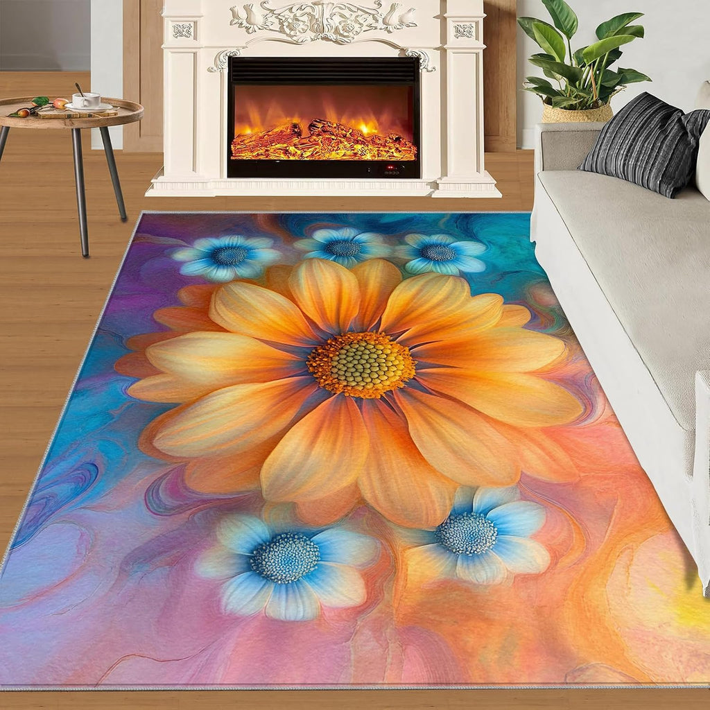 6x8 Florals Area Rug - Abstract Florals Large Rugs for Living Room, Watercolor Flowers Carpet Area Rug for Girls Bedroom Kids Room Basement Office Classroom