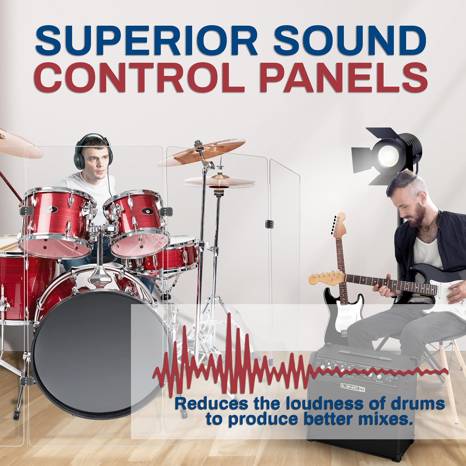 PENNZONI Drum Shield 4ft w/Chrome Hinges, Comes w/ 6 Drum Panels, & 10 Chrome Hinges, Premium Clear Acrylic Panels, Drum Screen