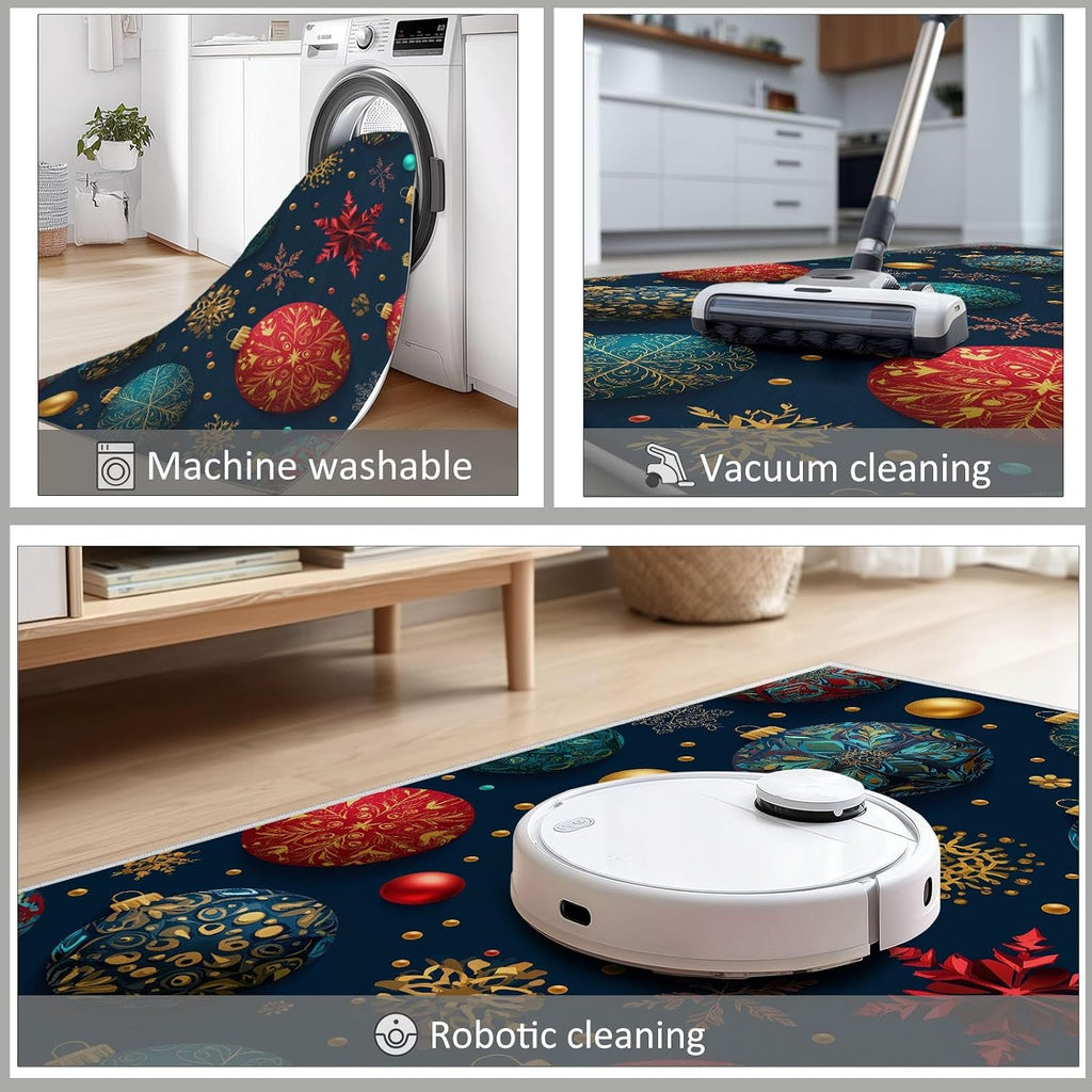 5' x 7' Rugs Living Room Christmas Area Rug Bedroom, Non Slip Durable Large Floor Carpet Geometric Turquoise Spheres Snowflakes Indoor Carpet Washable for Dining Room Kitchen Kids Playroom Dorm