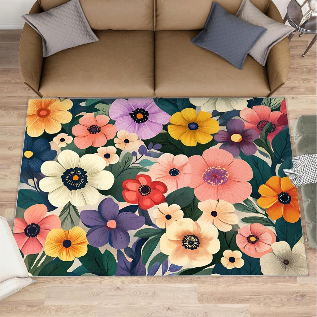 Boho Floral Area Rug Large - 6x8 Rug, Floral Botanical Rugs for Living Room, Watercolor Flower Carpet, Boho Washable Area Rugs for Bedroom, Aesthetic Carpet, Flower Home Decor