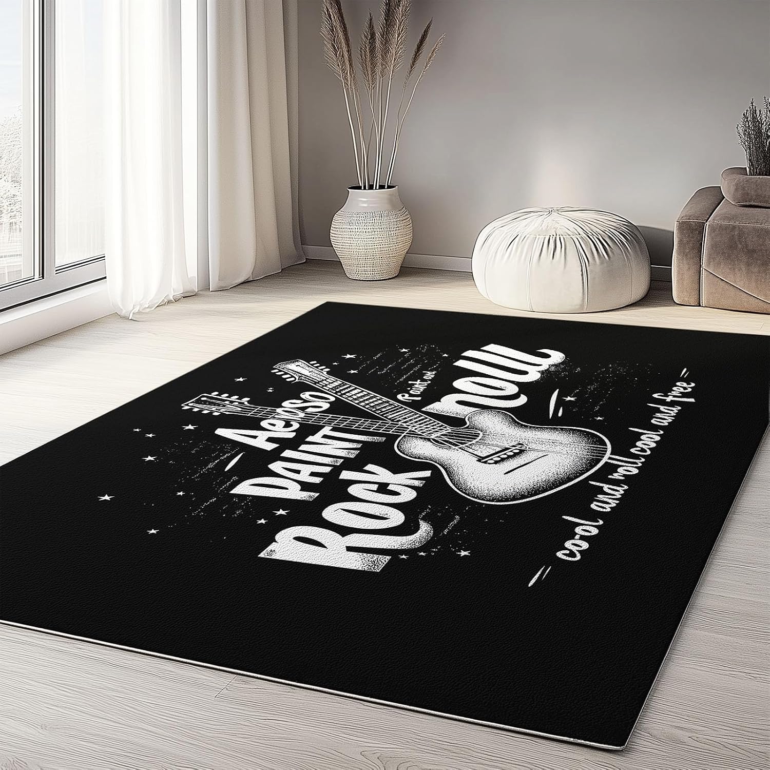 Washable Non-Slip Area Rug Resistant, Art Rock and Guitar Theme for of Living Room Bedroom Kids Room, Nursery, Office, Kitchen, Black 6 x 8 ft Carpet Pet & Child Friendly