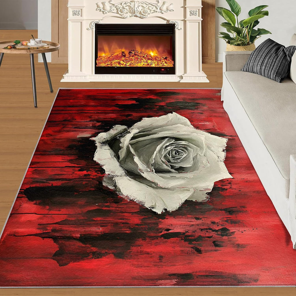 Rose Rug 6x8-6x8 Rug, Black and Red Rose Area Rugs for Living Room Bedroom, Abstract Area Rugs, Gothic Washable Carpet, Halloween Carpet, Floral Home Decor & Gifts