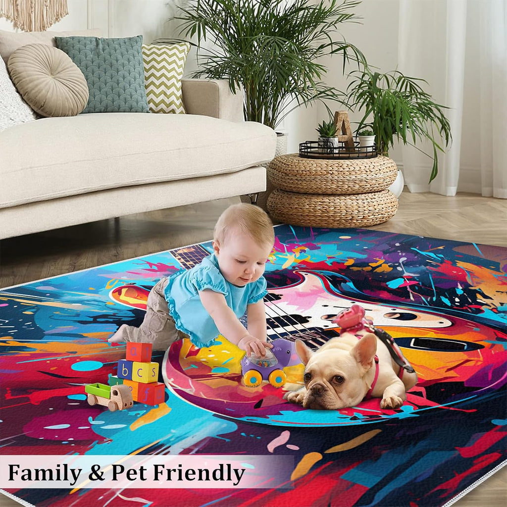 Cool Guitar Area Rug - Guitar Kids Rugs - Music Lover Rug for Bedroom, Indoor Machine Washable Carpet for Music Classroom Studio Band 6x8ft