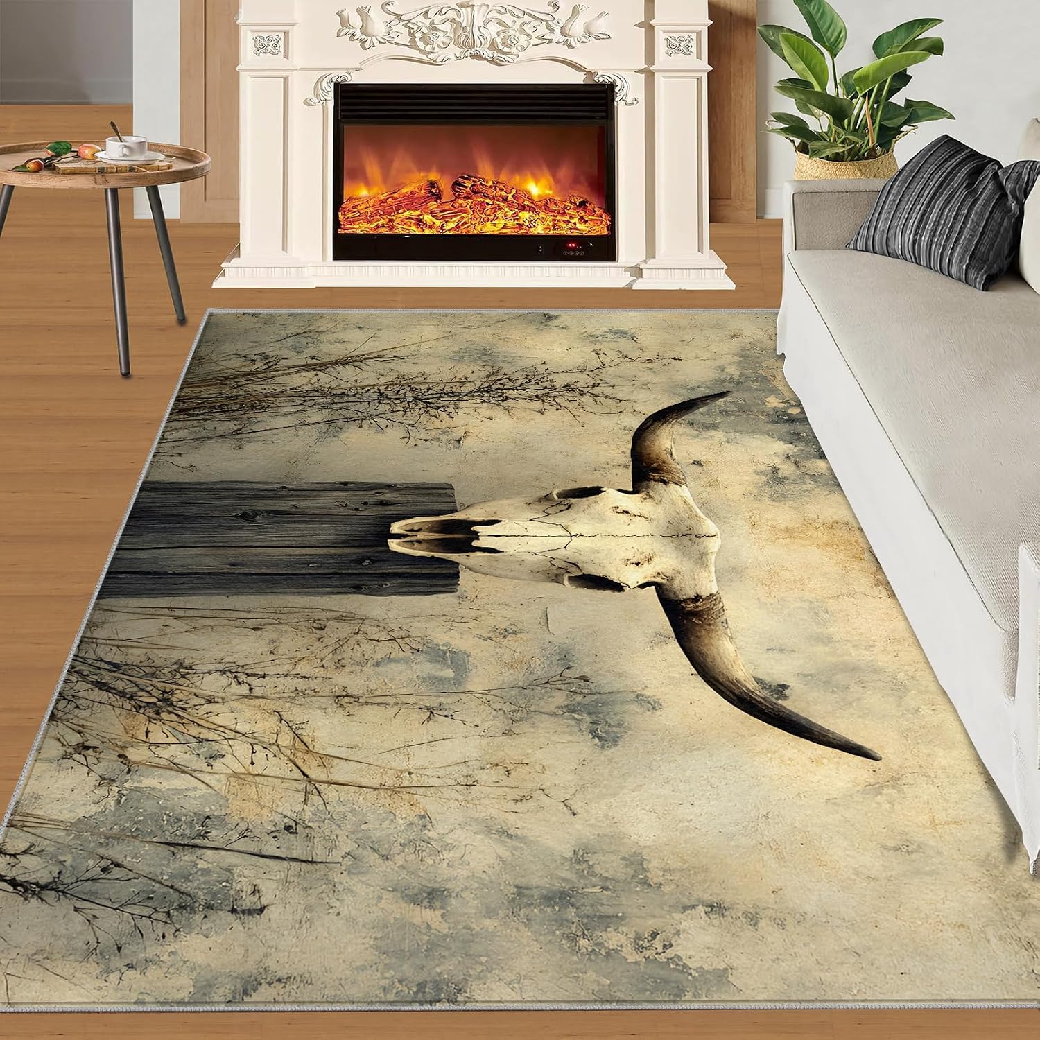 Cow Skull Rug 6x8, Nationality Rugs for Bedroom, Retro Area Rug, Home Decor Rugs for Living Room, Non-Slip Machine Washable Carpet