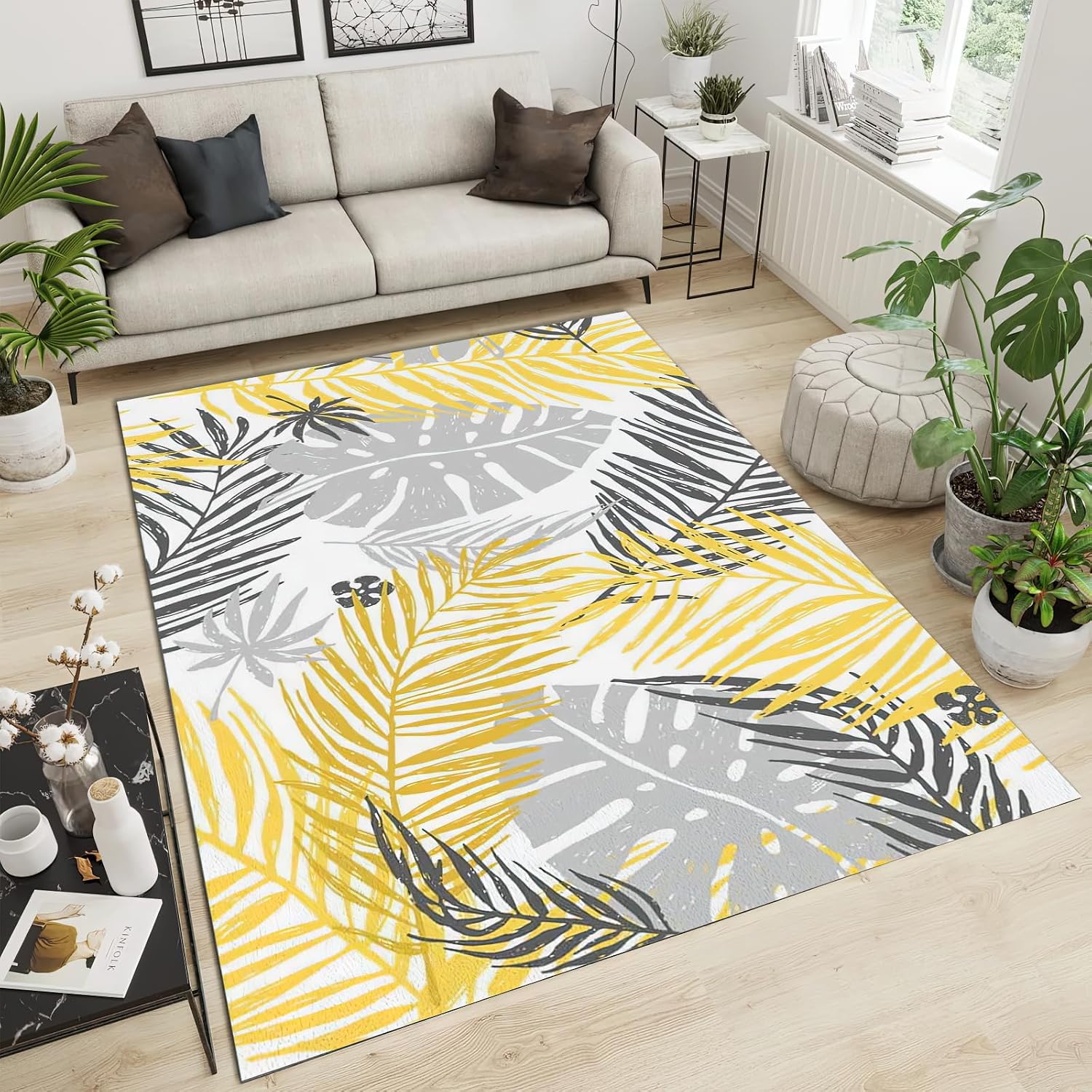 Modern Yellow and Gray Leaves Area Rug, Tropical Plant Leaves Indoor Non Slip Print Rugs, Machine Washable Breathable Durable Carpet for Front Porch Kitchen Entryway Door mats - 5 ft x 7 ft