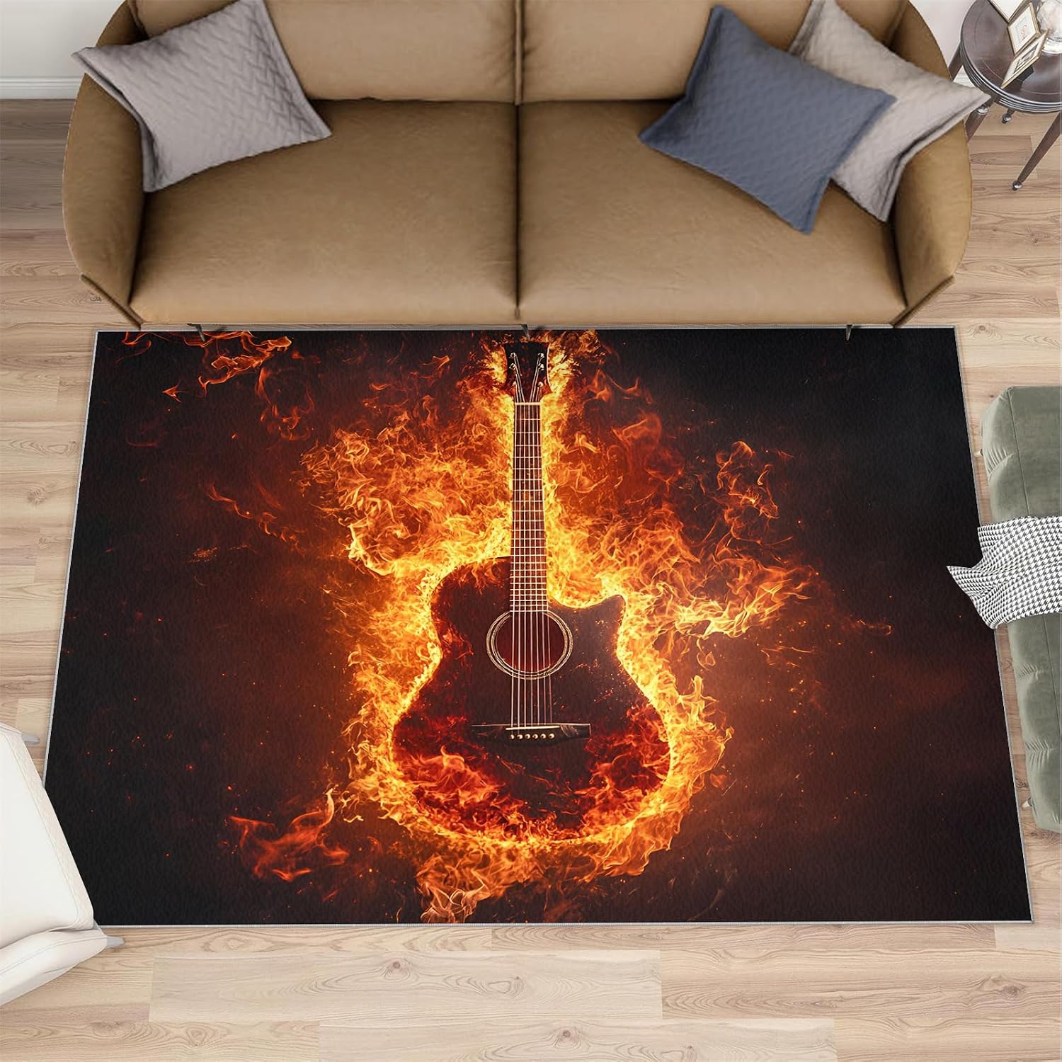 Guitar Rug 5x8, Flame Guitar Rugs for Living Room, Music Rugs for Bedroom, Low Pile Washable Area Rug, Non Slip Carpet for Hardwood Floors