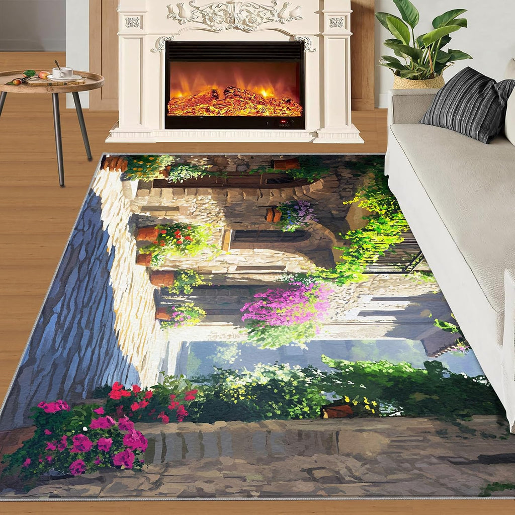 Tuscany Italy Rugs for Bedroom - 6x8 Rug, Italian Street Area Rugs for Living Room, Flowers Green Plants Carpet, Landscape Washable Area Mat, Italian Carpet, Italy Home Decor & Gifts
