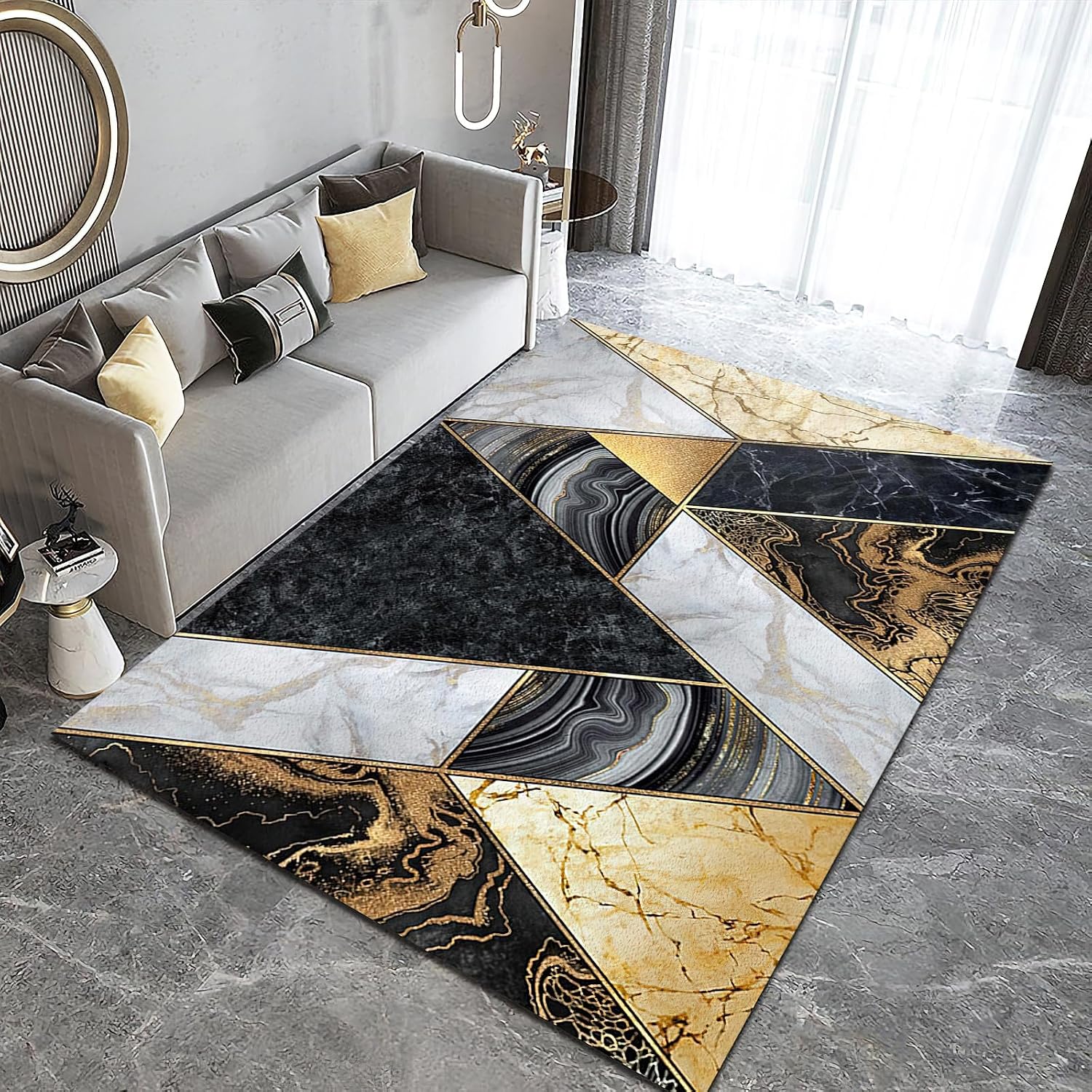Black Gold Marble Area Rug, Modern Luxury Marble Indoor Non Slip Throw Accent Rug, Machine Washable Breathable Durable Carpet for Front Entrance Floor Decor - 5 ft x 7 ft, Style-12