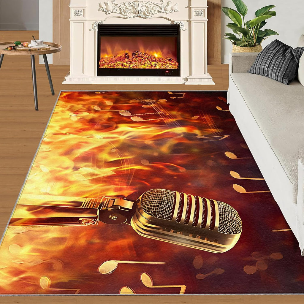 Microphone Rug for Bedroom 6x8 Rug Flame Microphone Rugs, Rock Guitar Home Decor, Non Slip Washable Large Rugs, Music Lover Carpet for Boys and Girls Teen Playroom