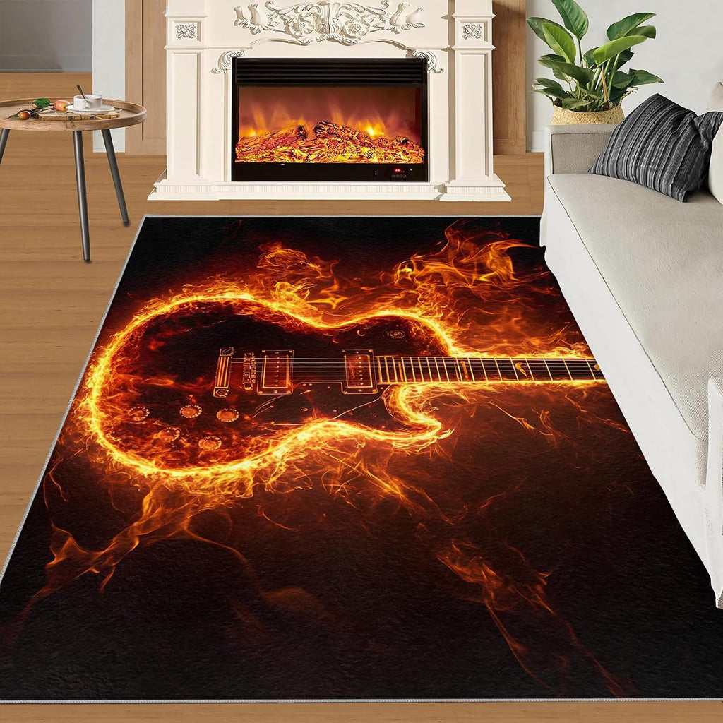 6x9 Flame Guitar Area Rugs - Rock Instrument Rugs for Living Room, Fire Effects Classroom Rug for Carpet Boy Bedroom Office Nursery Hardwood Home Decor