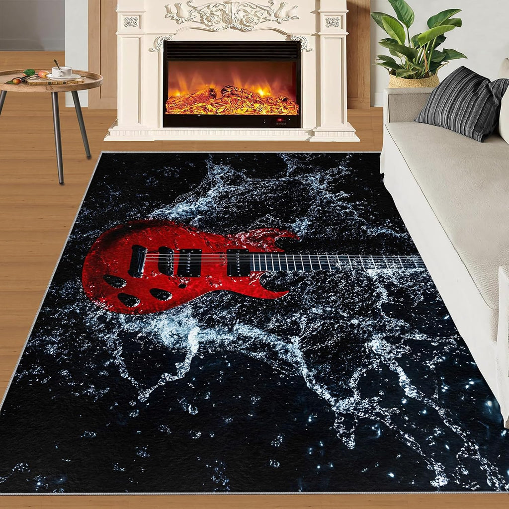 Guitar Rug 5x7, Guitar Rugs for Bedroom, Music Rugs for Living Room, Washable Area Rug for Boys Girls Room, Non Slip & Low Pile Carpet