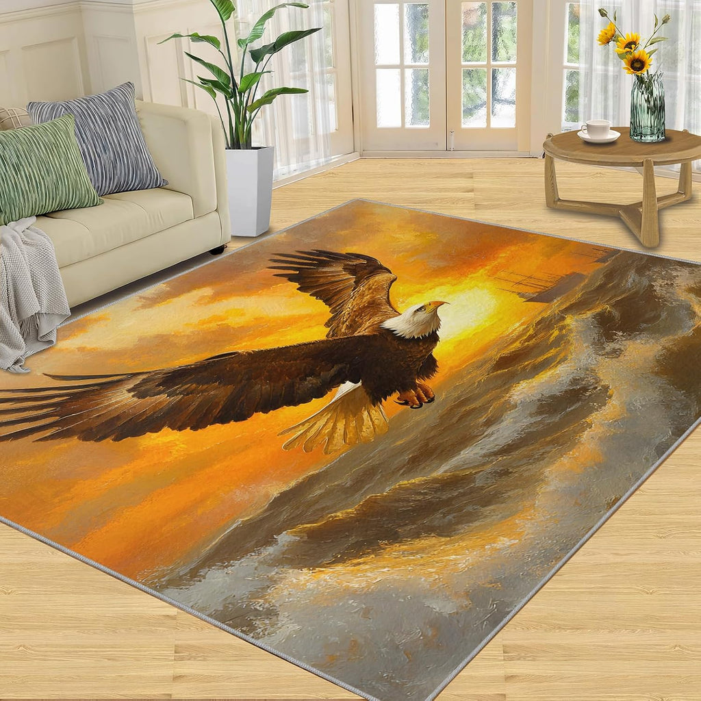 Animal Print Rugs for Bedroom, Bald Eagle Area Rug, Nautical Rugs for Living Room, 6x8 Washable Rug Non Slip & Low Pile, Indoor Carpet & Home Decor