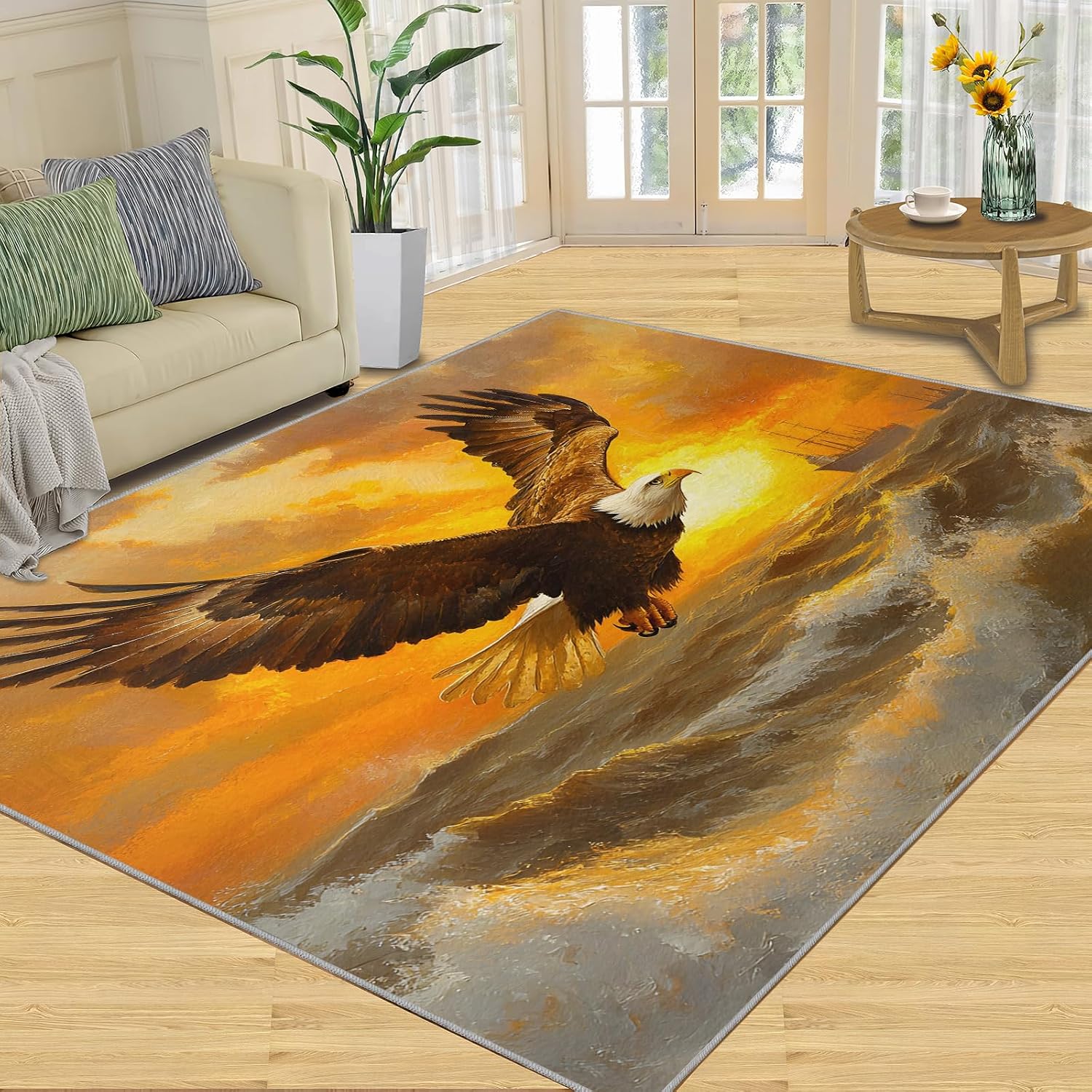 Animal Print Rugs for Bedroom, Bald Eagle Area Rug, Nautical Rugs for Living Room, 6x8 Washable Rug Non Slip & Low Pile, Indoor Carpet & Home Decor