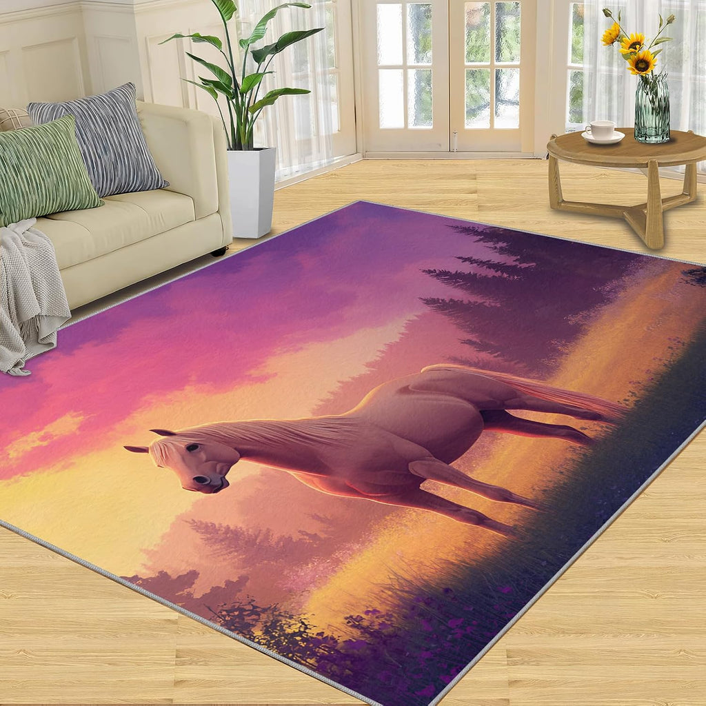 Horse Rug 6x8, Forest Rugs for Living Room, Horse Rugs for Bedroom, Low Pile Washable Area Rug, Non Slip Carpet for Hardwood Floors