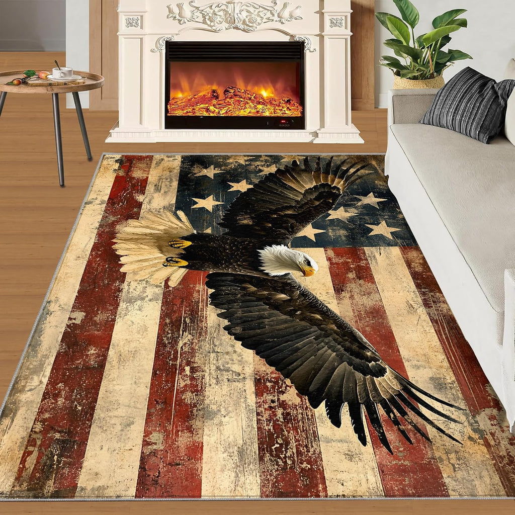 American Flag Rug 6x8, Bald Eagle Rugs for Living Room, American Symbol Rugs for Bedroom, Non Slip Washable Area Rug, Low Pile Carpet for Hardwood Floors