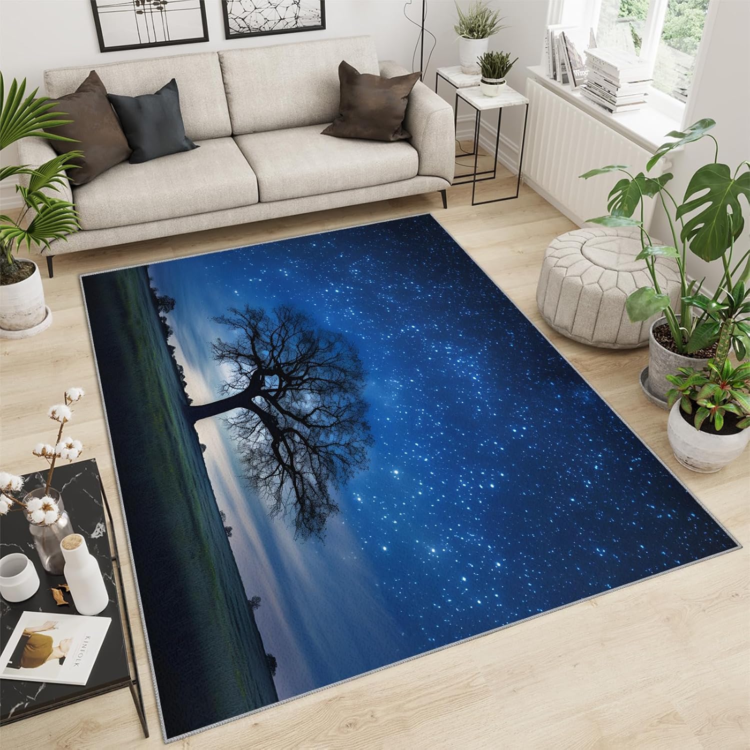 6x8 Rug Starry Night Trees Area Rugs, Milky Way Starry Night Soft Washable Carpet, Easy Clean Rugs for Boys and Girls Nursery Bed Living Room Carpets Nursery Decor Rugs