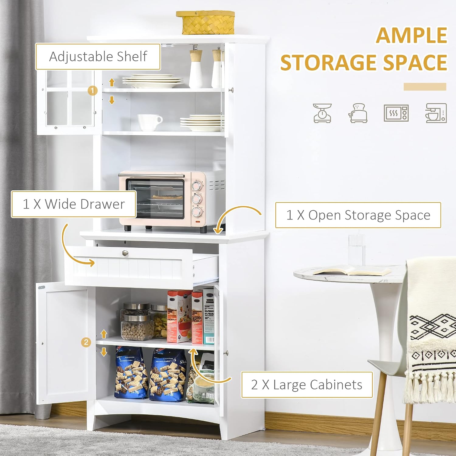 64' Anti-tip Freestanding Storage Cabinet, Kitchen Storage Bakers Rack with Adjustable Shelves, Utility Food Cupboard with Glass Door for Kitchen Dining Living Rooms, White